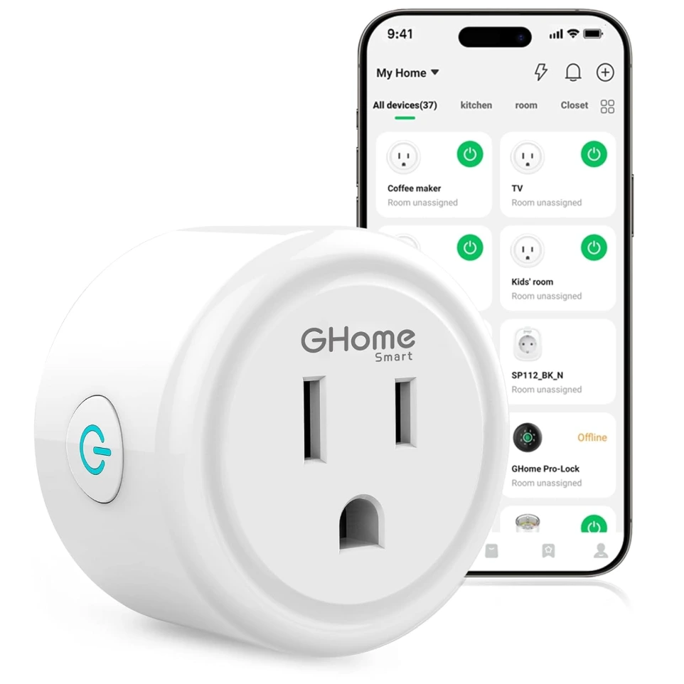 [0200-001] GHome Smart Enchufe, los enchufes inteligentes WiFi funcionan con Alexa y Google Home, temporizador de salida inteligente con control remoto de aplicación, solo Wi-Fi de 2.4 GHz